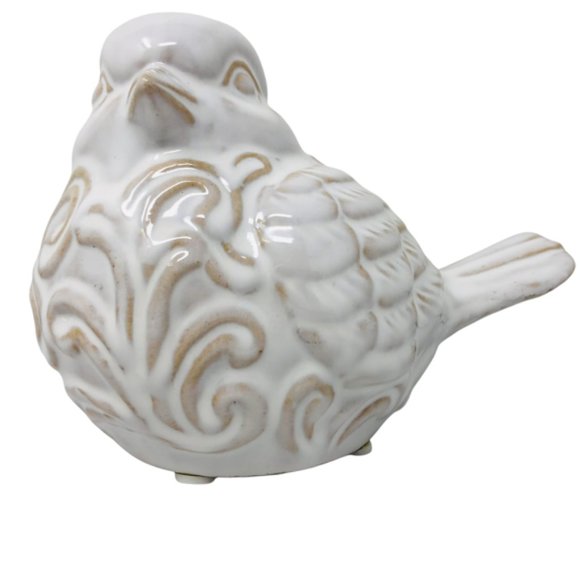 Chubby White Ceramic Bird - Chickadee-Raised Etched-Embellished Angry Bird - Picture 1 of 9